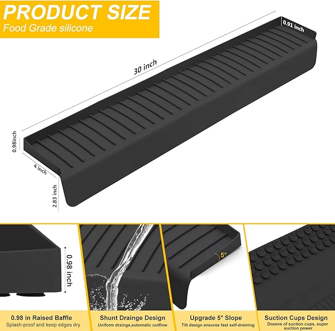 Kitchen Sink Splash Guard, 4" x 30" Sink Edge Protector with Suction Cups, Silicone Sink Mat for Kitchen, Bathroom Sink, Steel, Granite, Quartz Countertops, Multifuctional Sink Accessories (Black)