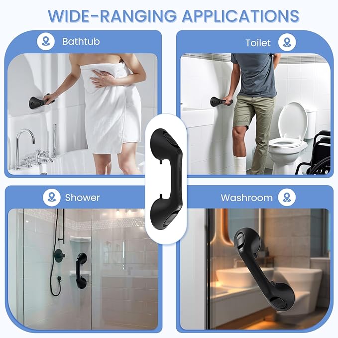 2 Pack 12 Inch Grab Bars for Bathtubs and Showers for Seniors, Heavy Duty Shower Handle for Elderly, Suction Cup Removable Handrails Handicap Bath Grip Bathroom Upgrade Safety Grips (Black)