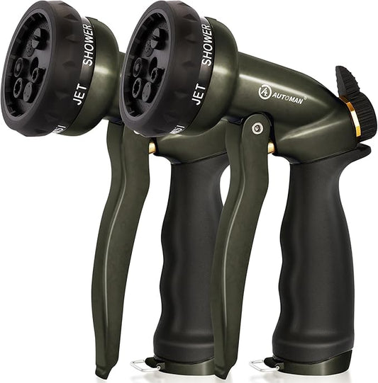 AUTOMAN Garden Hose Nozzle -2 Pack, 100% Metal High Pressure Spray Nozzle, Labor-Saving Design, Heavy Duty Water Hose Nozzle for Garden Watering, Car Washing, Window Cleaning, Pets Bathing