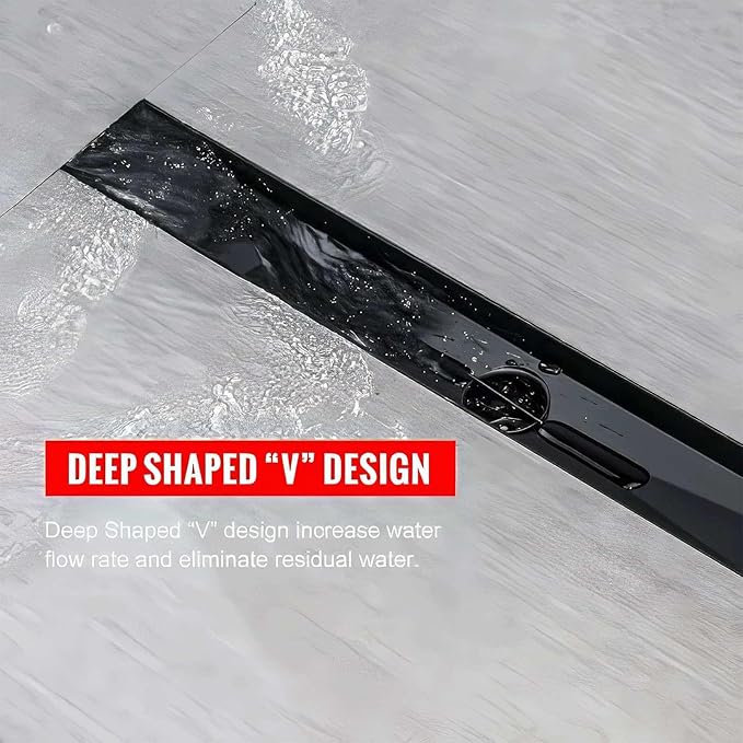 SaniteModar Linear Shower Drain, Matte Black Shower Drain 32 inch with Removable Grate,Brushed 304 Stainless Steel Shower Drain Include Hair Strainer,Adjustable Leveling Feet
