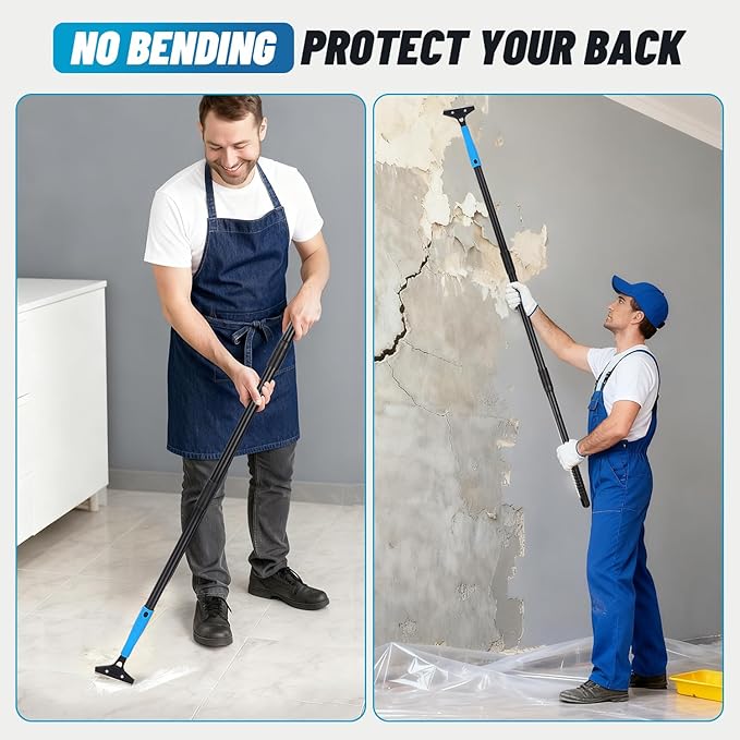Floor Scraper Long Handle Heavy Duty, Adjustable 8"-72" Razor Blade Scraper Tool, 4 Inch Paint Scraper for Cleaning Floors, Walls, Tile, Glass, Adhesive, Wallpaper, Popcorn Ceiling, Gum (2 Pack)