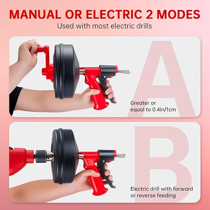 Drain Snake Hair Drain Clog Remover,SEVVETROOL Plumbing Drain Auger Snake Drill Attachment Toilet Snake Auger for Bathroom Kitchen Tub Shower Drain Clog Remover with Gloves(33ft/10M)