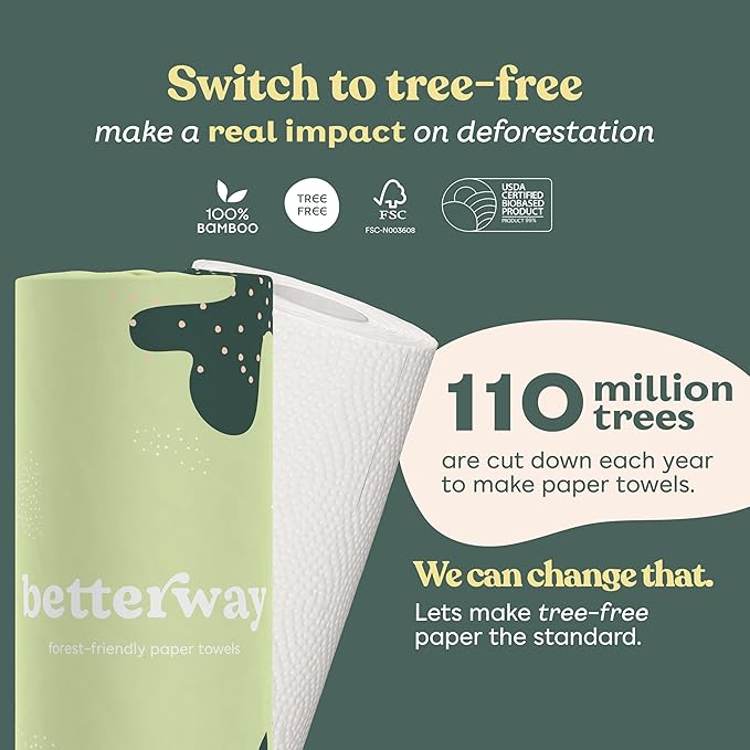 Betterway Bamboo Paper Towels 12 Pack - Non Toxic, Eco Friendly, PFAS Free - 140 Sheets/Roll, 2-Ply, No Plastic, No Dyes, Compostable, Sustainable, Strong & Absorbent, FSC Certified, Natural, White