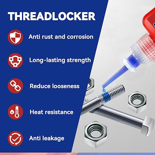 Thread Lock Blue and Red, Threadlocker Medium and High Strength, Thread Locker for Nuts, Bolts, Fasteners and Metals, Against Losening and Leakage (50 mlx2)