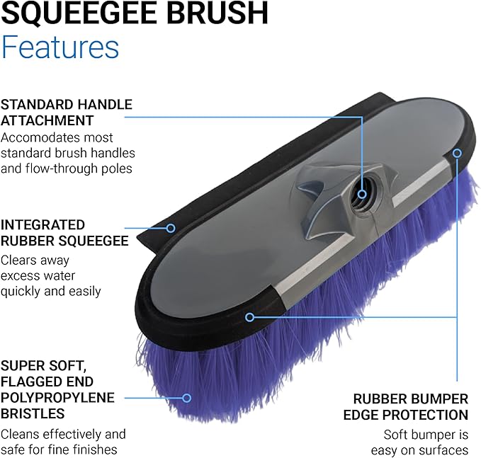 TERAVAN 10" 2 in 1 Water Flow Through Scrub Brush, Car Wash Brush with Built-in Squeegee- Soft Bristle Cleaning Brush for Cars, RVs, Boats, Solar Panels, Patio, Siding, Decks and Windows