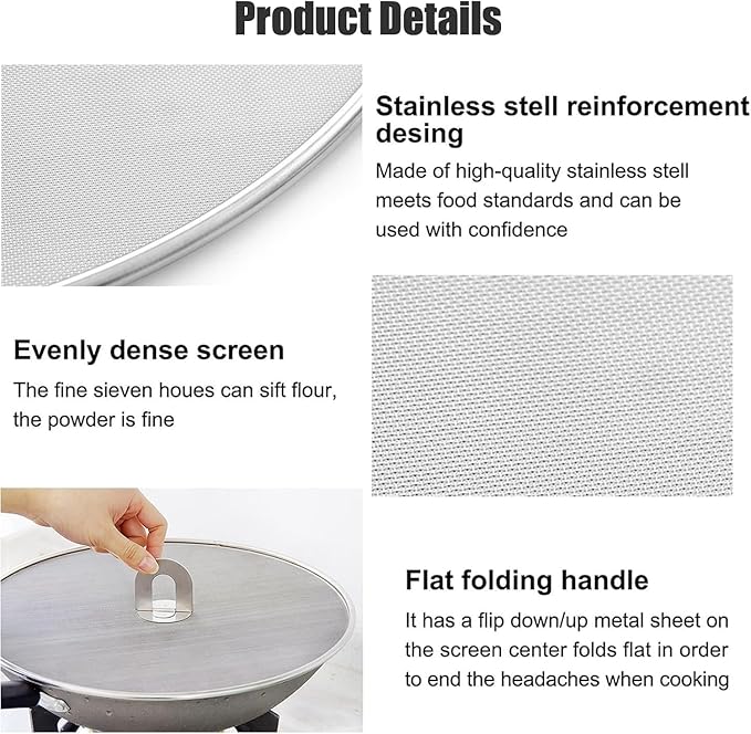 Homestia Splatter Screen for Kitchen, Stainless Steel Fine Mesh Splatter Screen for Frying Pan, 8" Grease Splatter Guard with Fold Flat Knob