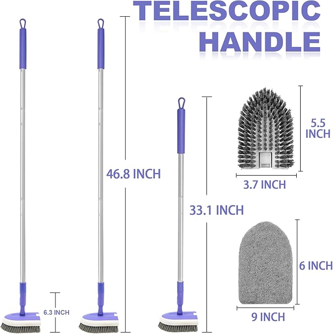 Tile Tub Scrubber Brush with 46.8" Extendable Long Handle, Shower Scrubber Cleaning Brush with 2 Different Function Cleaning Heads for Cleaning Bathroom Kitchen Wall Bathtub Floor