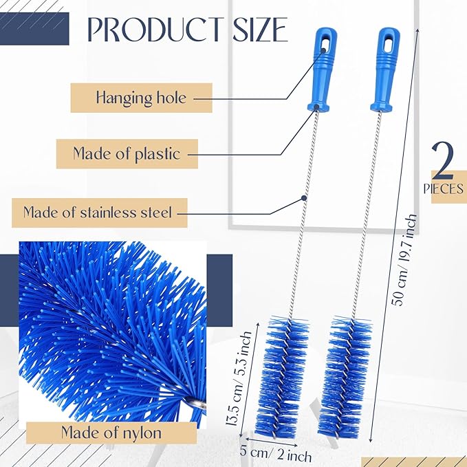 Baderke 2 Pieces Drain Brush Pipe Cleaning Blue Tube Brushes 19.7 Inch Plastic Shower Pipe Flexible Cleaning Tool(19.7 x 2 Inch)