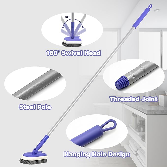 Tile Tub Scrubber Brush with 46.8" Extendable Long Handle, Shower Scrubber Cleaning Brush with 2 Different Function Cleaning Heads for Cleaning Bathroom Kitchen Wall Bathtub Floor