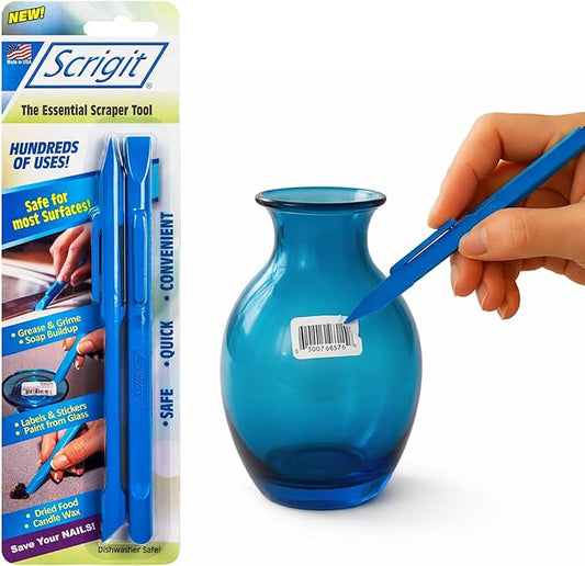 Scrigit Scraper No-Scratch Plastic Scraper Tool, 2 Pack - The Handy Multi-Use Scraping Tool for Removing Food, Labels, Stickers, Paint, Grease - Easy to Hold, Reaches Tight Spaces and Crevices