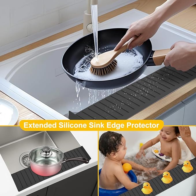 Kitchen Sink Splash Guard, 4" x 30" Sink Edge Protector with Suction Cups, Silicone Sink Mat for Kitchen, Bathroom Sink, Steel, Granite, Quartz Countertops, Multifuctional Sink Accessories (Black)
