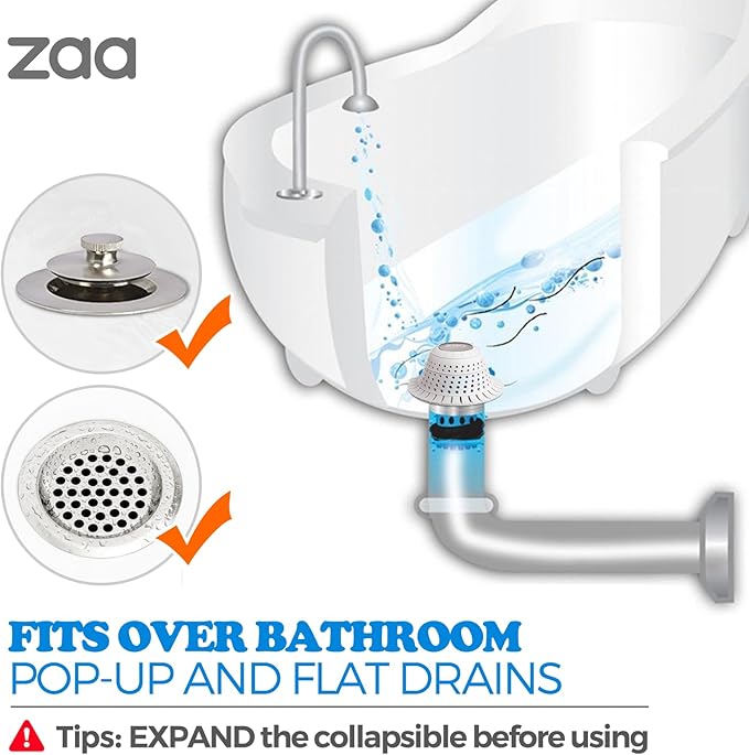 zaa Bathtub Drain Hair Catcher, Silicone Collapsible 2 Pack Drain Protector for Pop-Up and Regular Drains of Shower, Bathtub, Tub, Bathroom, Sink, White