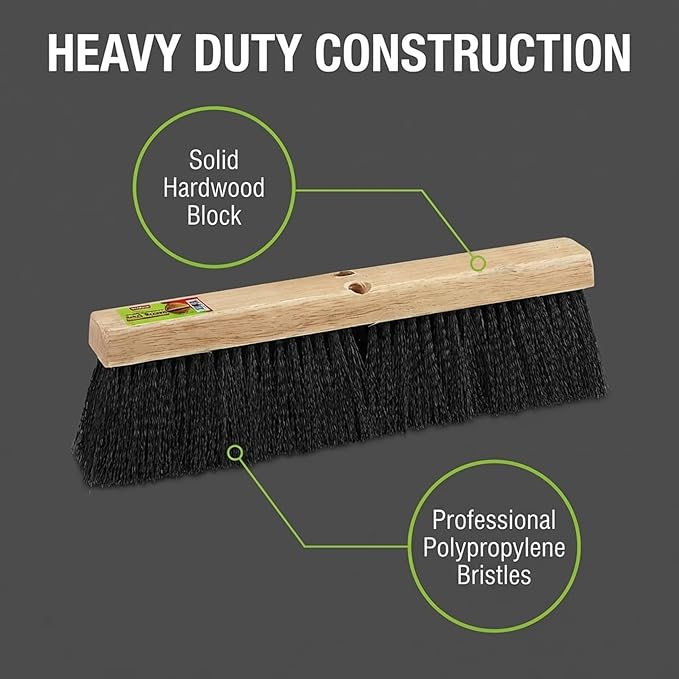 Black Indoor Push Broom Head – Heavy Duty Hardwood Block – Polypropylene Bristles – Deck Scrub Brush – Two Threaded Handle Holes for Better Assist (12")