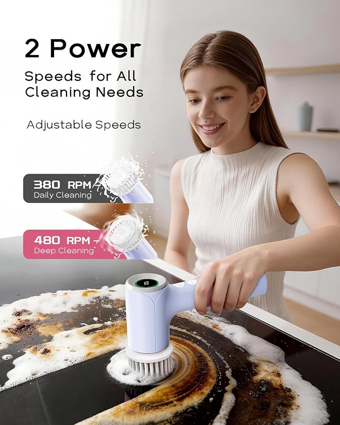 PUFTEM Electric Spin Scrubber for Bathroom Cleaning, Cordless Shower Scrubber with 6 Brush Heads & Dual-Direction Rotation, Handheld Cleaning Brush for Grout, Tile, Tub, Sink & Corners(Purple)