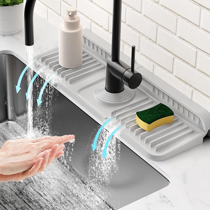 14.6 inch Faucet Mat for Kitchen Sink Splash Guard[7° Slope Fast Self-draining][Snap Lock Fit]Kitchen Sink Faucet Mat Splash Guard Kitchen Sink Area Water Splash Guard Behind Faucet Draining Mat