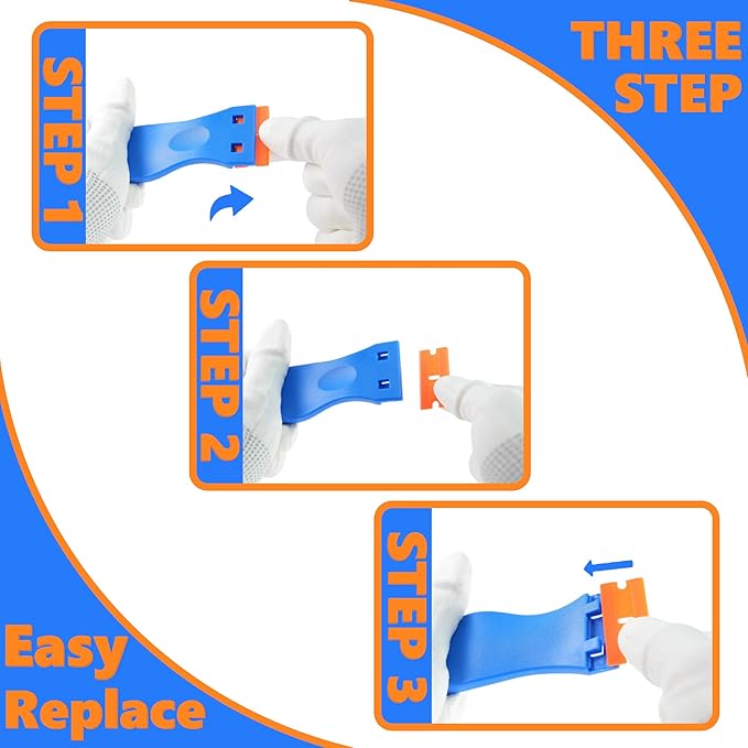 2 Pack Non-Scratch Plastic Scrapers, 8 Replacement Razor Blades, House & Car Cleaning Tool for Glass, Cooktop, Oven, Stove, Remove Stain, Paint, Glue (orange blue)