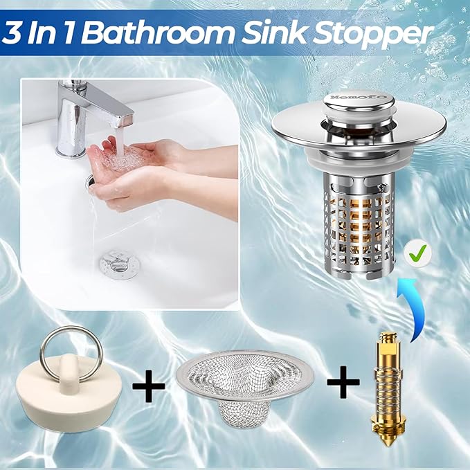 Bathroom Sink Drain Strainer, Stainless Steel Pop-up Strainer Basket Hair Catcher with Removable Basket, Brass Bullet Core, Universal Fit 1.1-2.36 Inch