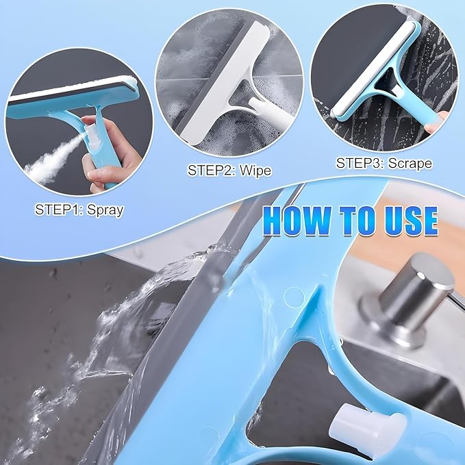 Shower Squeegee for Glass Doors, 3 in 1 Squeegee for Shower Glass with Spray, Scrubber and Shower Squeegee for Glass Doors, Mirrors, Car and Home, All-Purpose Window Cleaner Tool (White)
