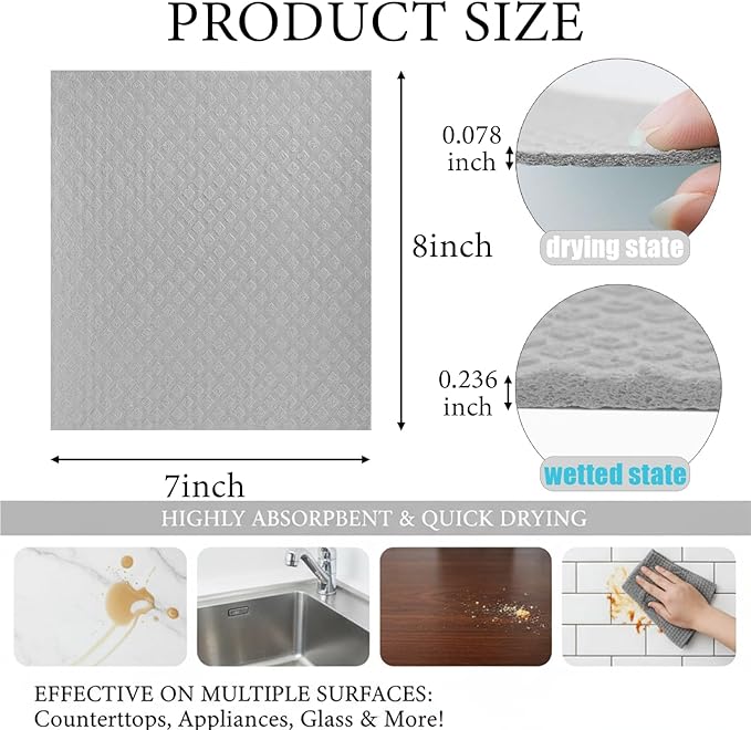 6 Pack Grey Swedish Dishcloths, Reusable & Absorbent Cellulose Sponge Cloths, Washable Quick Drying for Dish Washing Kitchen Bathroom Cleaning