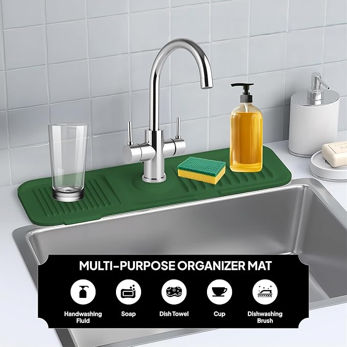 17 Inch Silicone Faucet Mat for Kitchen Sink Splash Guard & Draining Tray Sink Protector with Soap & Sponge Holder Green (Purest Peak)