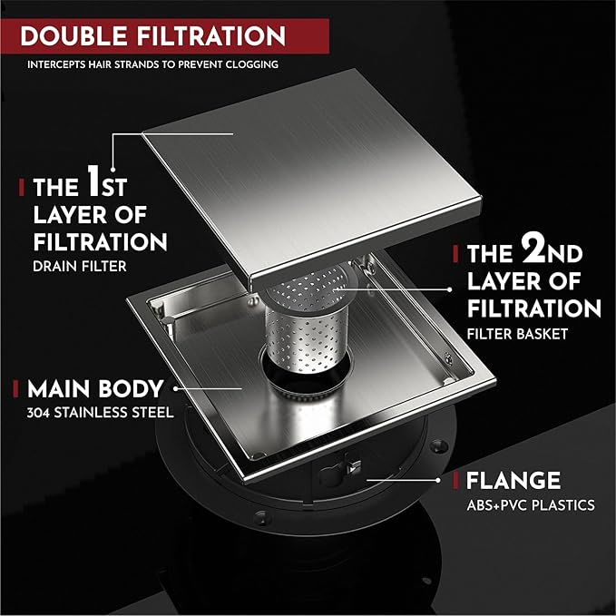 WEBANG 6 Inch Square Shower Drain Brushed Floor Drain with Flange Reversible 2-in-1 Cover Tile Insert Grate Removable SUS304 Stainless Steel CUPC Certified Brushed