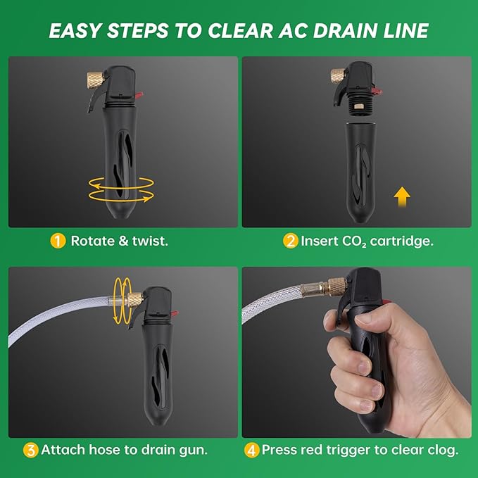Drain Device, AC Drain Line Cleaner Device, AC Drains Line Unclogger Tool, with 6 Unthreaded CO2 Cartridges, with a Flexible Hose to Clear All HVAC Clogs,16 Gram Unthreaded CO2,Black