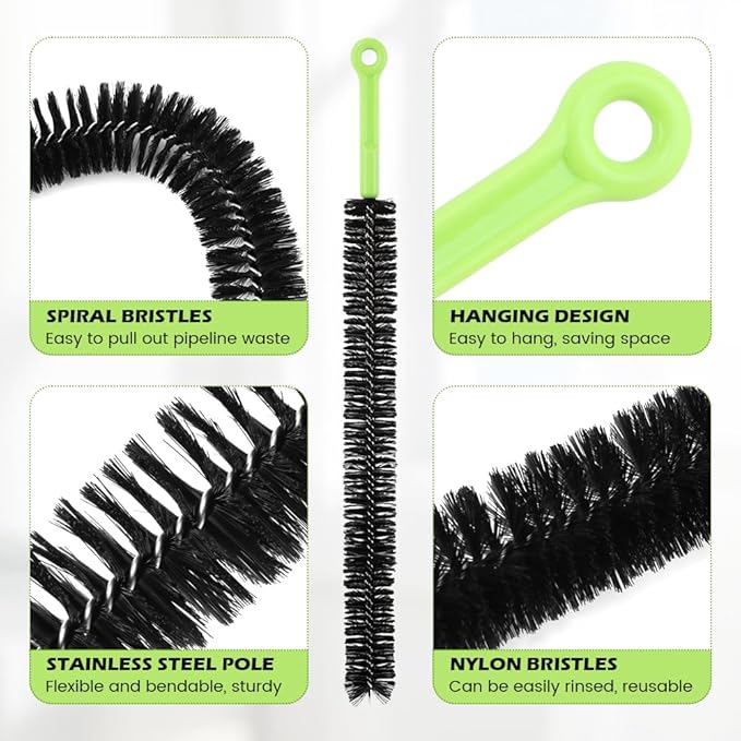 2 Pcs Drain Clean Brush Set,with 2 S-shape Hooks Extended Dryer lint Removal Brush Drain Clog Remover for Toilet, Kitchen Sink, Sewer Drain, Bathroom Tub(size:16 inch)