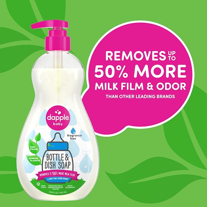 Dapple Baby Bottle Soap, Hypoallergenic Dish Soap for Baby Bottles, Powered by Plants, Fragrance Free, 34 Fl Oz (Pack of 2)