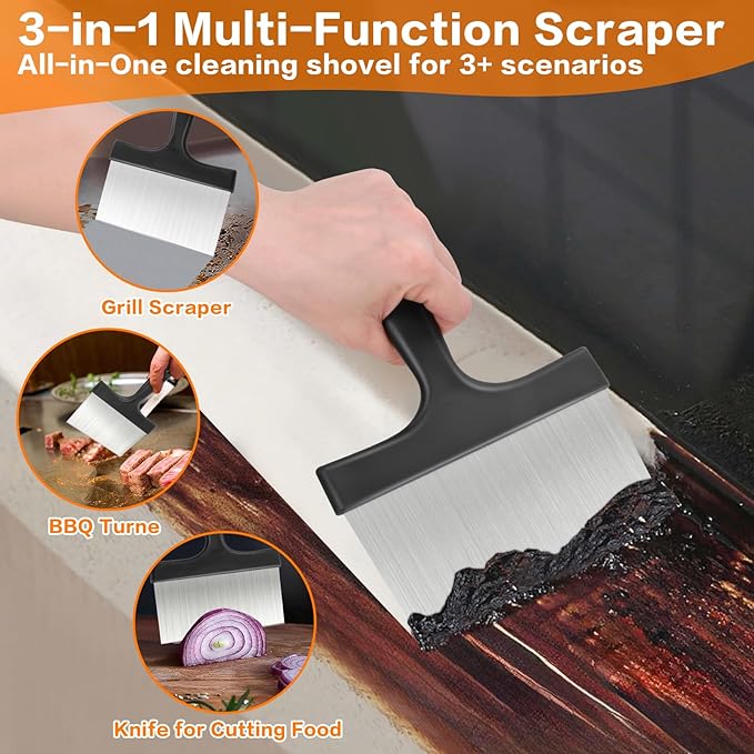 Heavy Duty Stainless Steel Grill Scraper, 3-in-1 Professional Griddle Scraper for Blackstone Grill Accessories with Comfort Grip Handle - for Flat Top Grill & Outdoor Barbecue Tools