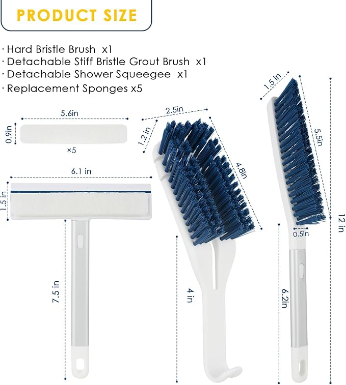 3 Pack Bathroom Shower Scrub Brush Set - Detachable Stiff Bristle Grout Cleaner Brush, 2-in-1 Shower Glass Squeegee with Replacement Sponges, Scrubbing Brushes for Cleaning Bathtub, Gaps, Tile, Sink