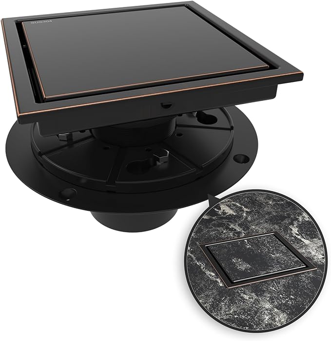 WEBANG 6 Inch Square Shower Drain Bronze Floor Drain with Flange Reversible 2-in-1 Cover Tile Insert Grate Removable SUS304 Stainless Steel CUPC Certified Oil Rubbed Bronze