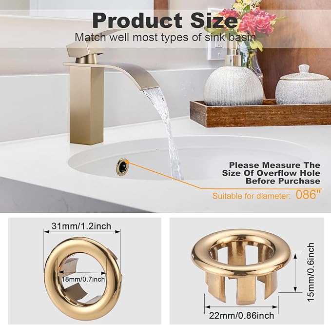 ARCORA 6 Pack Sink Overflow Ring Gold Bathroom Kitchen Sink Basin Trim Overflow Cover Hole Insert Cap