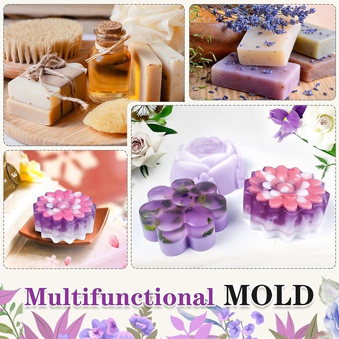 Walfos Soap Molds,4 Pieces Flower and Rectangle Silicone Soap Mold,BPA Free and Dishwasher Safe. Perfect for Homemade Craft Soap, Ice, Mousse, Cake, Jelly.Easy to Pop Out. (Purple)