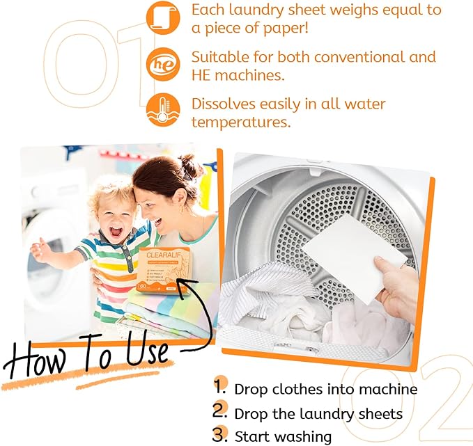 Laundry Detergent Sheets (480 Loads), Orange,Great For Travel,Apartments, Dorms,CLEARALIF Laundry Detergent Strips Eco Friendly & Hypoallergenic (80 Count, Pack of 3)