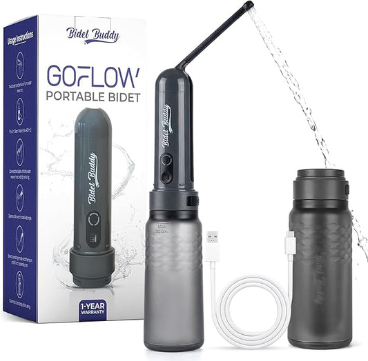 BIDET BUDDY® GoFlow Portable Bidet for Travel - 320ml Bottle with Adjustable Power Modes, Nozzle Wand, IPX7 Waterproof, USB C Charging, 800mAh Rechargeable Battery, Medium Pressure