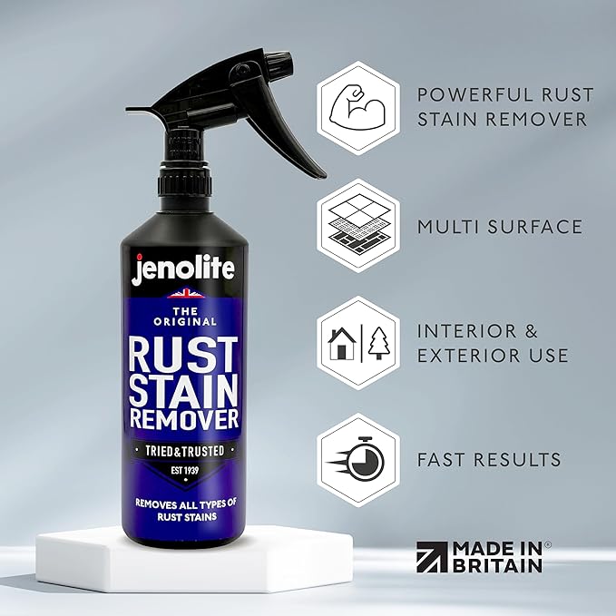 JENOLITE Rust Stain Remover 500 ml (16.9 fl oz) for Patios, Sinks, Toilets, Walls & Sidings. Fast-Acting Spray-On Cleaner & Wipe-Off Solution for Metal, Concrete & Tile. Made in Britain.