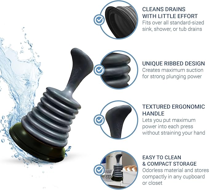 Meadow Lane Small 7" Sink Plunger - Mini Clog Remover for Kitchen & Bathroom Sink Drains - Hand Ergonomic, Space-Saving & Powerful Suction - Universal Fit for Home or Commercial Use, Silver