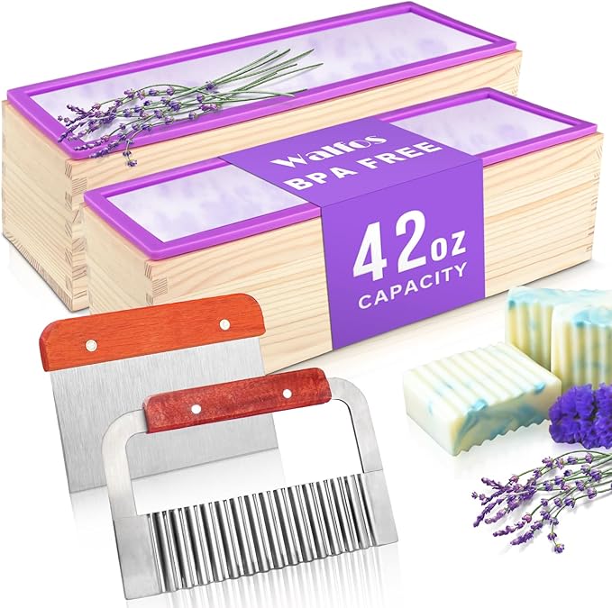 Walfos Soap Mold - Flexible Rectangular Loaf Mold Comes with Wood Box,Silicone Soap Molds with Stainless Steel Wavy + Straight Scraper for Soaps Making 42oz,Purple