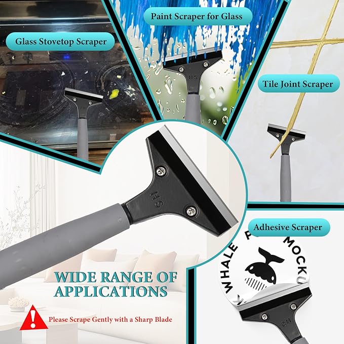 4"Razor Blade Floor Scraper with Long Handle,61in Adjustable Floor Scraper Heavy Duty with 10PCS Extra Metal Blades Paint Scraper for Cleaning Stickers Gum Glass Wall Tile (Black 61in)