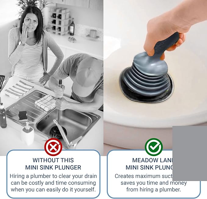 Meadow Lane Small 7" Sink Plunger - Mini Clog Remover for Kitchen & Bathroom Sink Drains - Hand Ergonomic, Space-Saving & Powerful Suction - Universal Fit for Home or Commercial Use, Silver