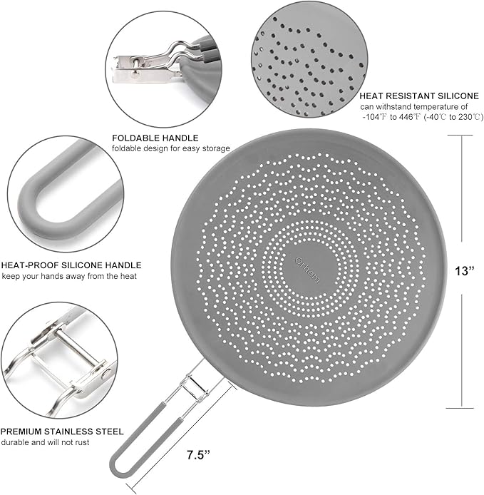 13” Silicone Splatter Screen Pan Cover with Folding Handle, Heat Insulation Cooling Mat, Strainer, Drain Board, Oil Splash Guard for Frying Pan