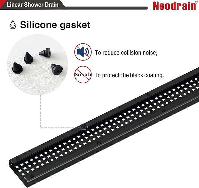 Neodrain 18-Inch Black Linear Shower Drain with Removable Quadrato Pattern Grate,Professional 304 Stainless Steel Rectangle Shower Floor Drain Manufacturer,Leveling Feet,Hair Strainer,Matte Black