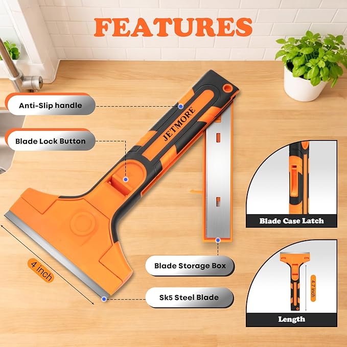 Razor Blade Scraper, Scraper Tool with 15 PCS SK5 Steel Blades, Razor Scraper, Ergonomic Handle with Blade Storage Box, Scraper for Cleaning Windows, Glass, Oven, Stove, Kitchen, Floor, Paint