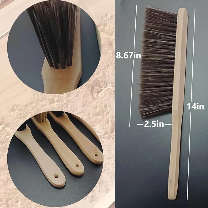 2 Pieces Woooden Dust Brush Hand Broom Bench Brush with Long Wood Handle Whisk Broom Soft Bristle Brush for Counter Bed Sofa Car Fireplace Clothes Household Cleaning (Brown)