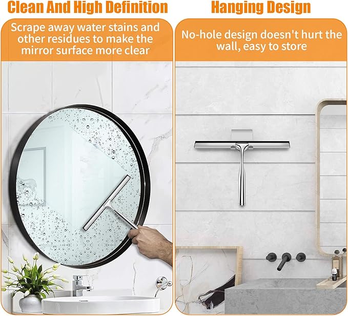 25 cm Stainless Steel Household Squeegee, Anti-Rust Handle Water Squeegee with Silicone Hook, No Drilling, Bathroom Window Scraper for Cleaning Glass Doors, Kitchen, Mirror, Tiles