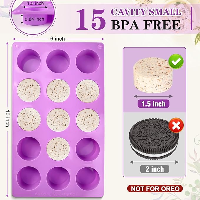 Walfos 3 Pack Small Soap Molds,15 Cavity Mini Round Silicone Molds,1.5inch Cylinder Silicone Soap Molds Perfect for Soap Making.Non-Stick BPA Free and Dishwasher Safe