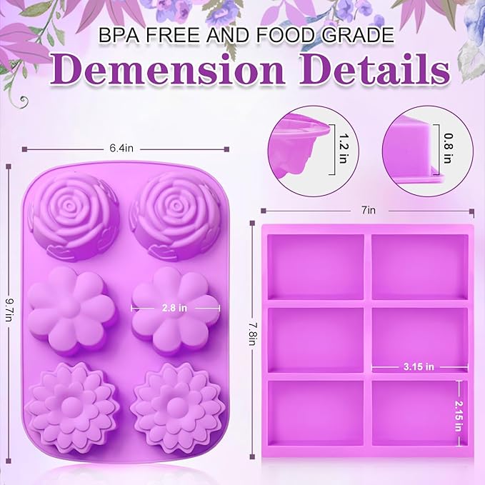 Walfos Soap Molds,4 Pieces Flower and Rectangle Silicone Soap Mold,BPA Free and Dishwasher Safe. Perfect for Homemade Craft Soap, Ice, Mousse, Cake, Jelly.Easy to Pop Out. (Purple)
