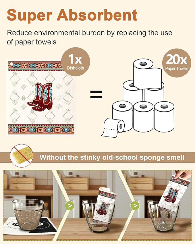Miss Adola Kitchen Swedish Dishcloths with Hooks - 6 Pack Reusable Dish Cloths for Washing Dishes Fast Drying Cute Fun Swedish Dish Towels Washable Cleaning Sponge, Brown Cowboy