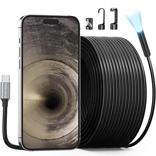 Teslong 50FT USB-C Borescope Camera with Light, Only Compatible with iPhone 15/16/17 Android Phones, 50 ft Flexible Waterproof Endoscope for DIY Pipe Inspection with Drain Snake
