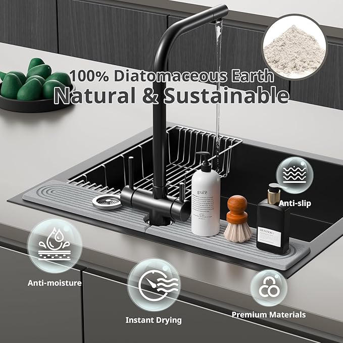 Quick Dry Sink Splash Guard - 23.6" Extended Diatomaceous Earth Faucet Mat - Instant Dry Stone Tray for Kitchen & Bathroom Countertops - Gray